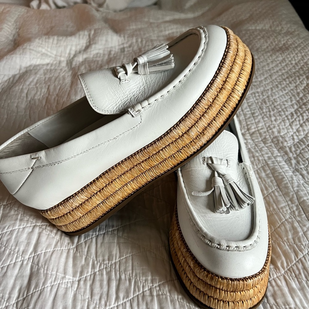 Sarto White Leather Tassel platform Loafers with Woven Sole